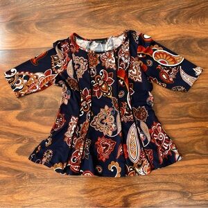 Paisley Peplum Blouse in Navy with Red & Cream Accents